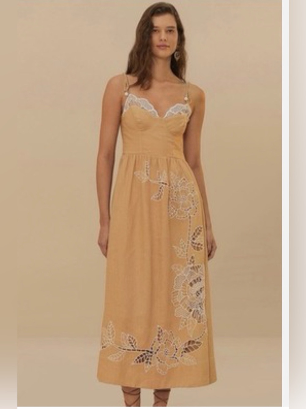 Caroline Constas Camel Linen Maxi Dress with White Lace Embroidery NWT